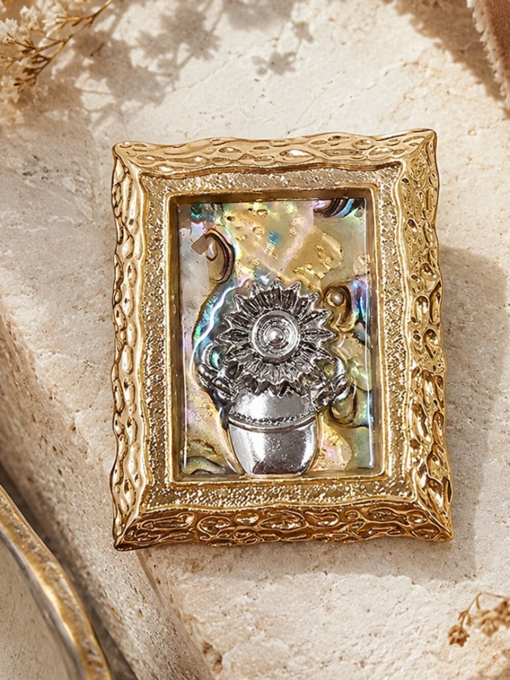 Vintage-Inspired Floral Brooch Pin with Iridescent Inlay & Gold-Tone Frame